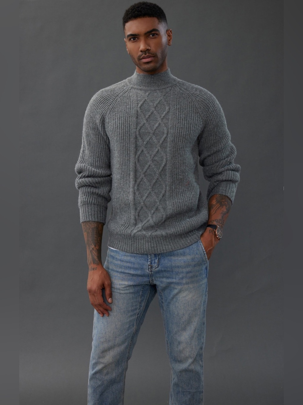 Paul Jones Men's Grey Cable Knit Mock Neck Sweater